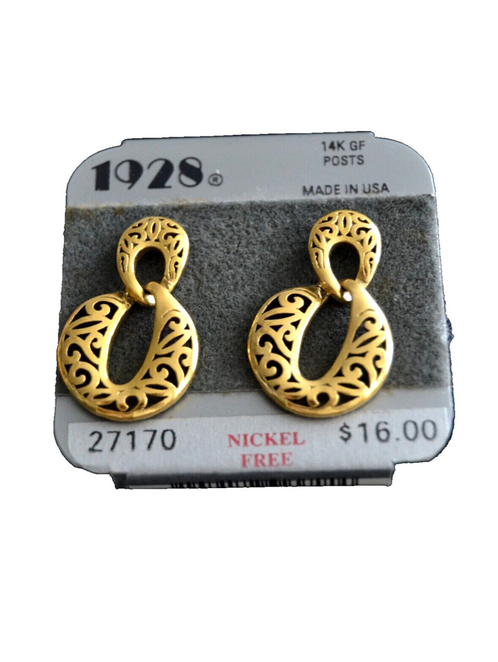 Vintage 1928 Gold Tone Filigree Interlocking Hoop Earrings 14K GF Posts NOC